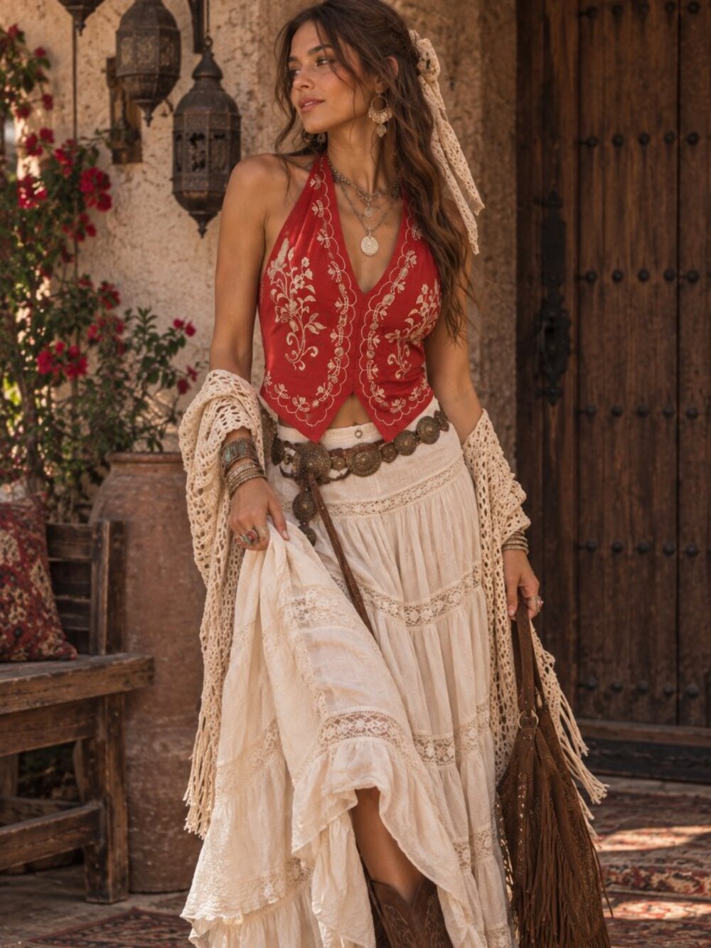 SHEIN Red Embroidered Halter Vest Top S Western Boho Tie Neck Linen Lyocell